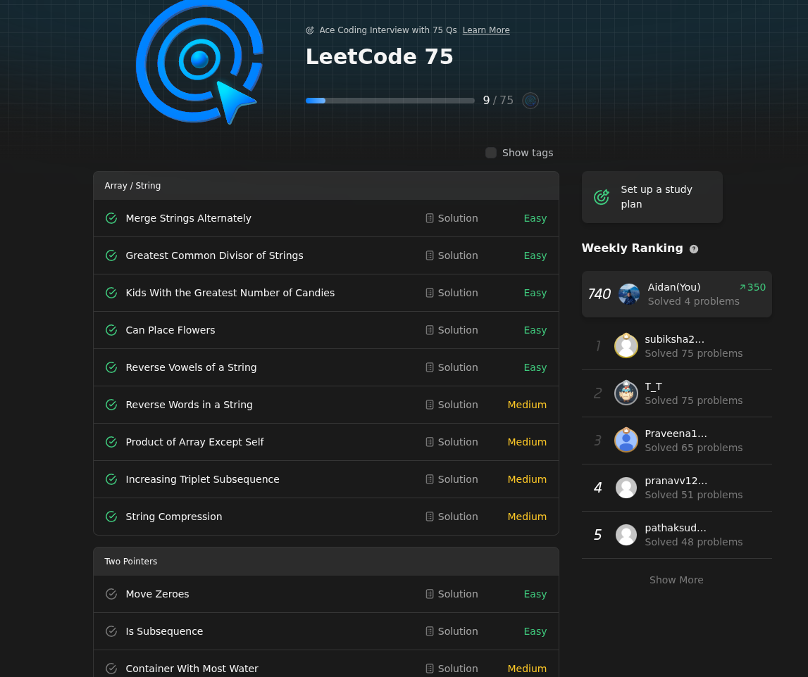 Progress with LeetCode 75